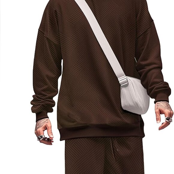 Coffee brown men's 2-piece joggers and sweatshirt set with geometric texture, me - Picture 1 of 4